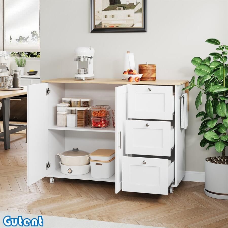 Gutent Dressoir Afneembaar Eiken werkblad Opvouwbaar ontwerp 3 laden Wit