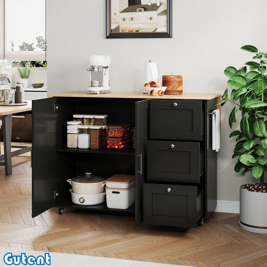 Gutent Dressoir Afneembaar Eiken werkblad Opvouwbaar ontwerp 3 laden Zwart