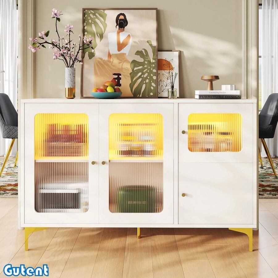 Gutent Dressoir Glazen deur Warm sfeerlicht Metalen afwerking Wit (140 x 40 x 90 cm)