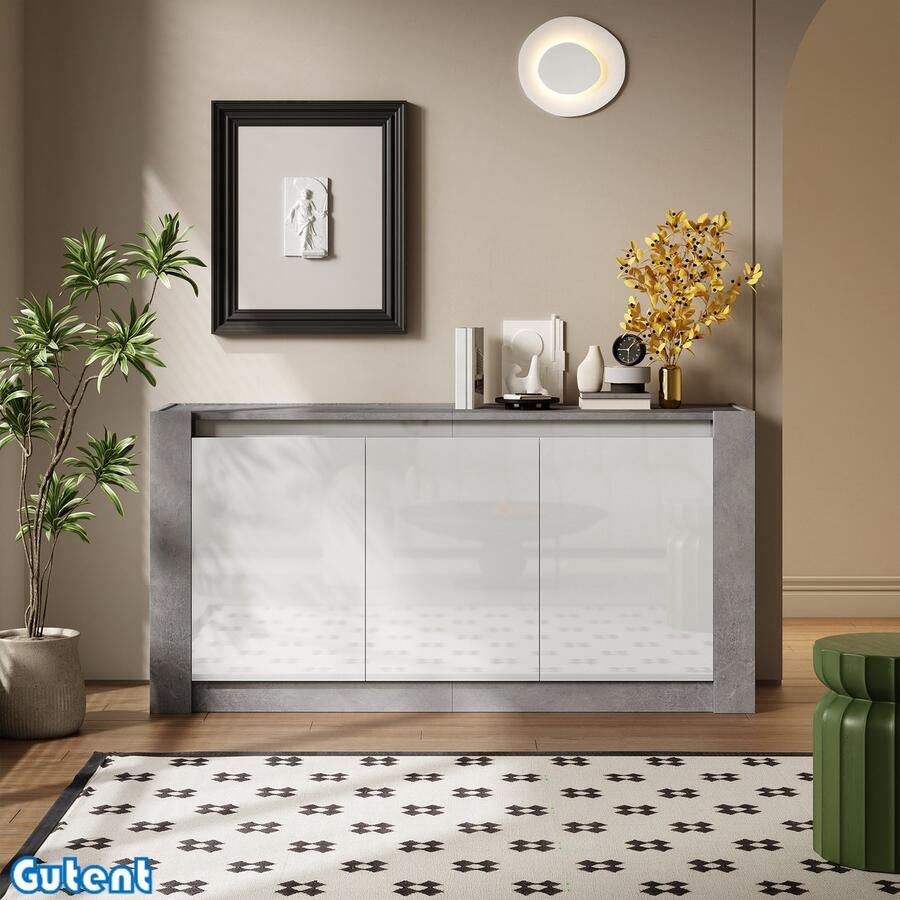 Gutent Dressoir Hoogglans gekleurde kast Greeploos ontwerp Voorzien van soft close scharnieren Verstelbare legplanken Grijs en Wit