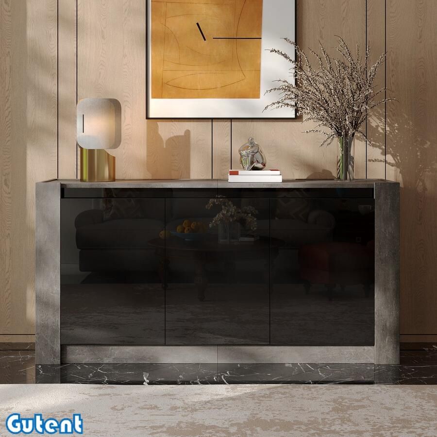 Gutent Dressoir Hoogglans gekleurde kast Greeploos ontwerp Voorzien van soft close scharnieren Verstelbare legplanken Grijs en Zwart