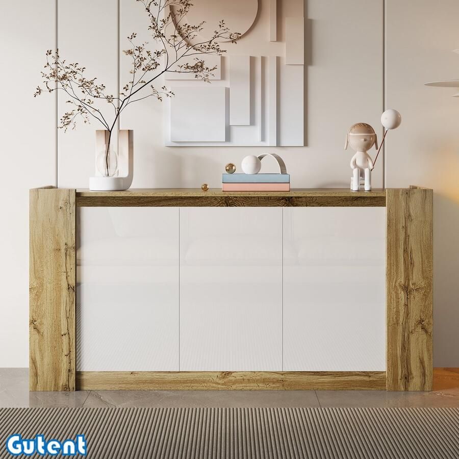 Gutent Dressoir Hoogglans Wit en Houten kast Greeploos ontwerp Soft-close scharnieren Verstelbare planken