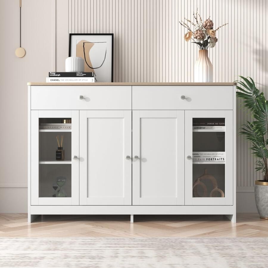 Gutent Dressoir Hout en Wit Houtnerf dressoir vier deuren twee laden glazen deuren voor woonkamer eetkamer