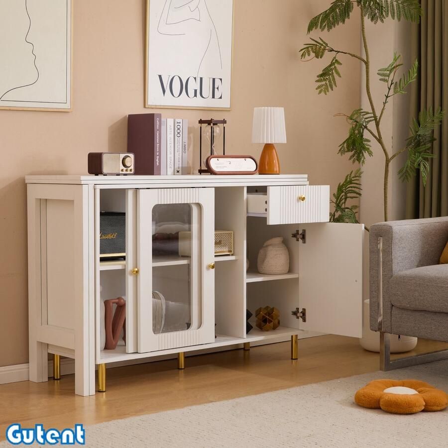 Gutent Dressoir in- en uitklapbaar Glazen schuifdeuren Golfpatroon Wit