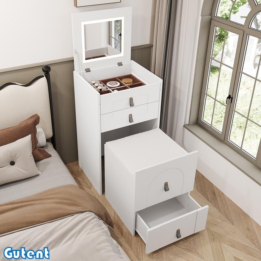 Gutent Dressoir (inclusief aankleedbank) — multifunctionele opzetbank — nachtkastje — met spiegel en LED verlichting — met lade — Wit