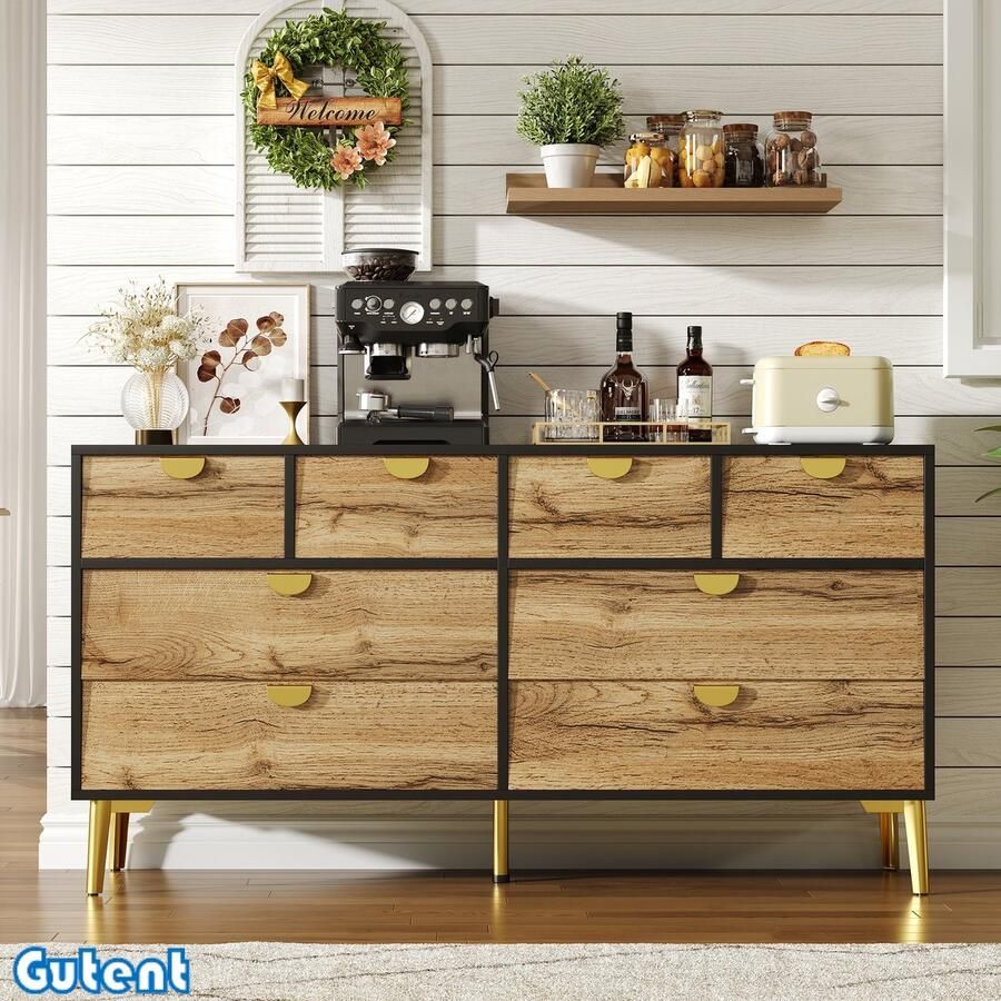Gutent Dressoir L 150*B 40*H 78cm 8 laden Zwart en Origineel hout Goudkleurige metalen handgrepen Metalen poten