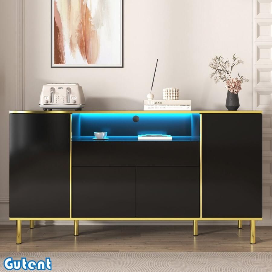 Gutent Dressoir met 1 lade Hoogglans Zwart- Hoogglans dressoir B150 T40 H80 cm