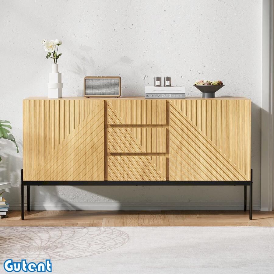 Gutent Dressoir Met 2 Deuren 3 Laden Metalen Poten Rechtlijnig Ontwerp Afmetingen: H 75 cm B 140 cm D 40 cm Natuurlijke Kleur