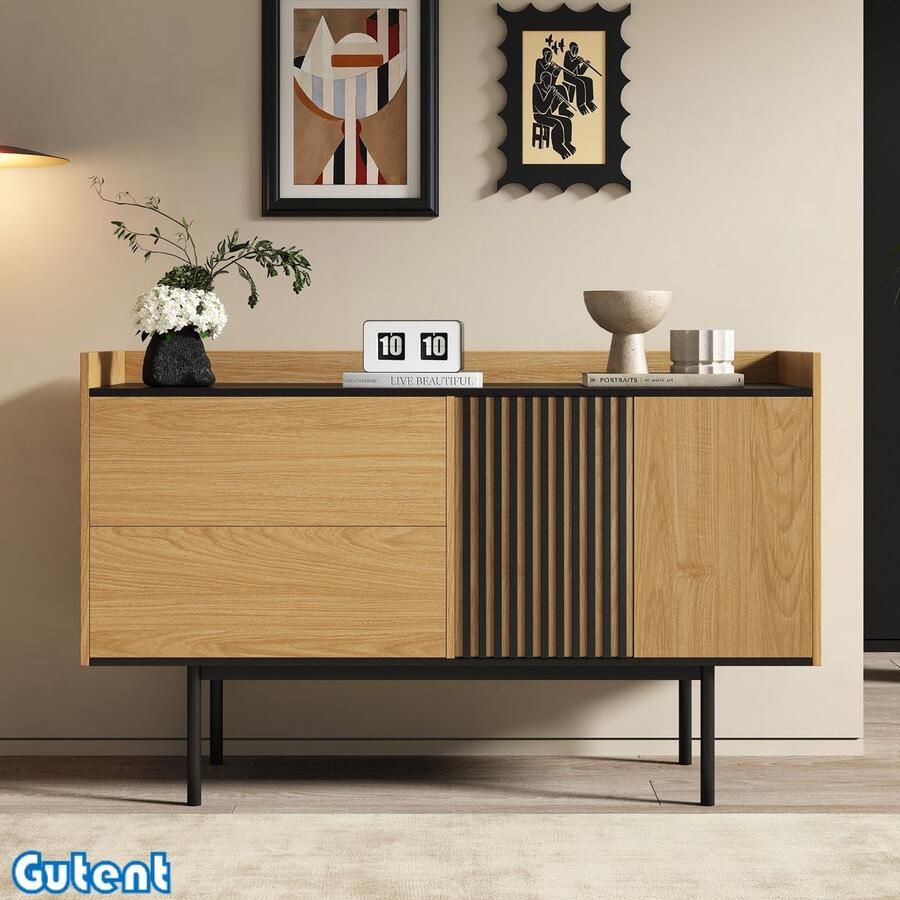 Gutent Dressoir met 2 laden Verstelbare planken Natuurlijk hout + Zwart