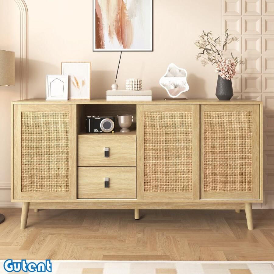 Gutent Dressoir Met 3 Deuren 2 Laden 155x38x80 cm Ademend Hout