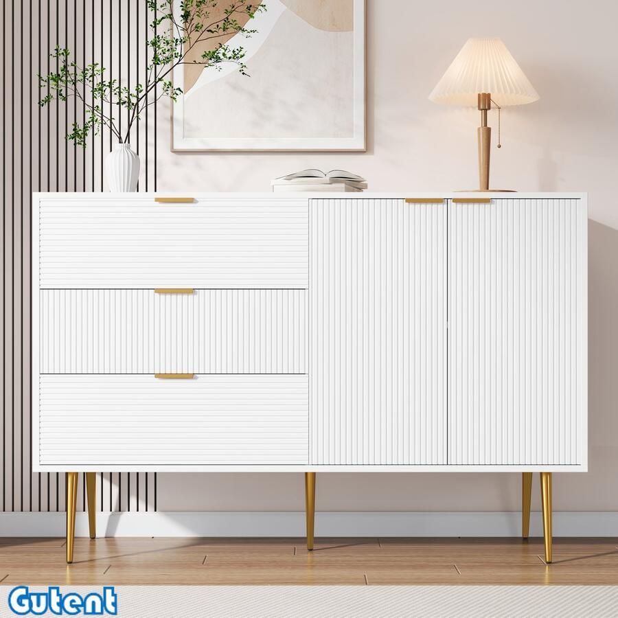 Gutent Dressoir- met deuren en laden Gouden handvat Gouden benen Wit