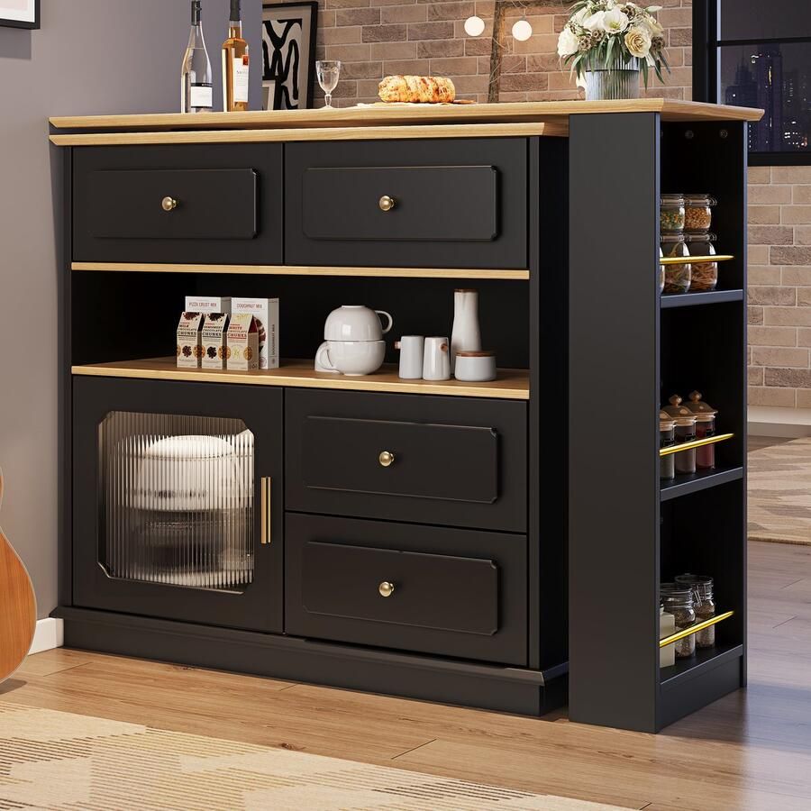 Gutent Dressoir met opbergruimte Uitschuifbare bartafel (125-181 x 39 x 104 5 cm) 360° draaibaar met legplanken en glas Zwart