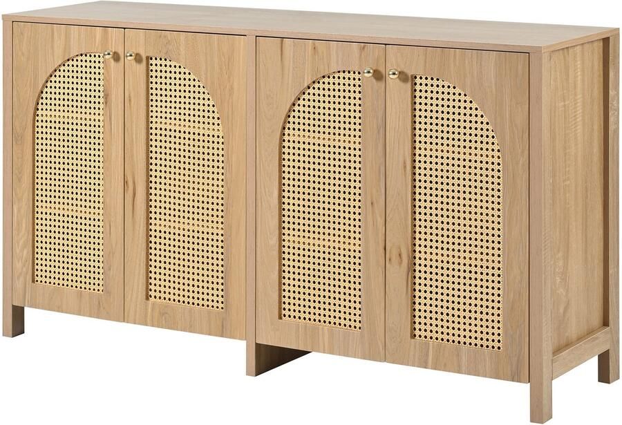 Gutent Dressoir -Minimalistische stijl-4 Rotan deuren-Metalen handvat-Natuurlijke houtkleur