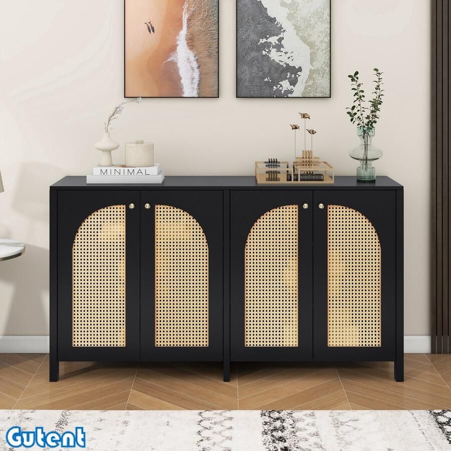Gutent Dressoir -Minimalistische stijl-4 Rotan deuren-Metalen handvat-Zwart