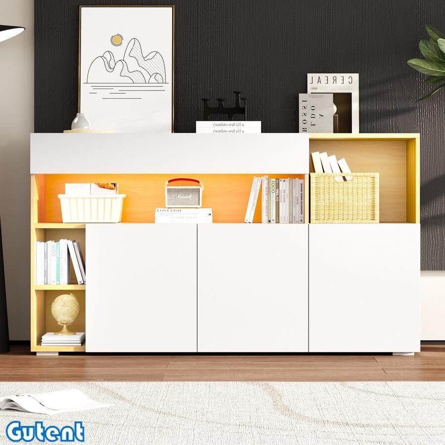 Gutent Dressoir Multifunctioneel Ladekast LED Verlichting Wit en Eik