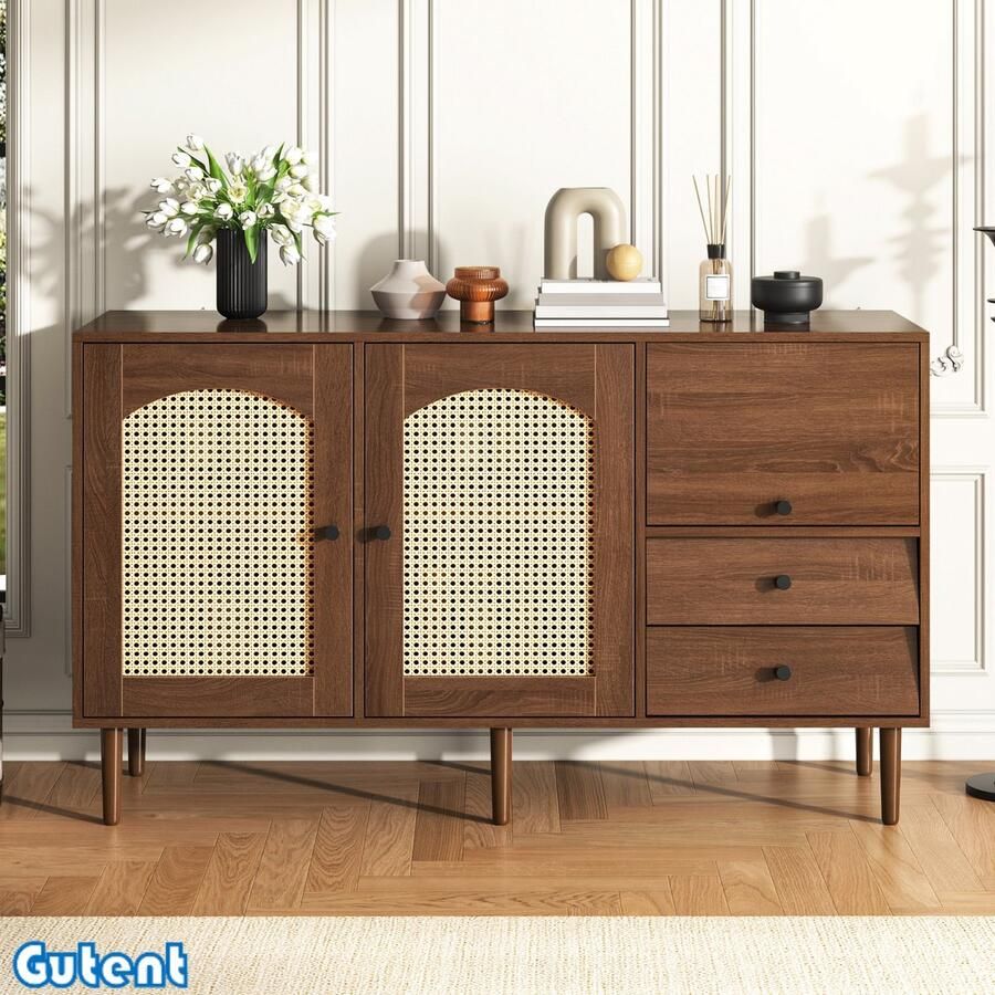 Gutent Dressoir Rotan deur Rustiek 130 x 75 5 x 40 cm Magnetische zuignap Verstelbare plank Bruin