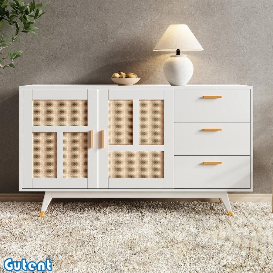 Gutent Dressoir Zwart rotan kabinet 2 rotan deuren 3 laden Gouden afwerking 160*40*87cm Wit