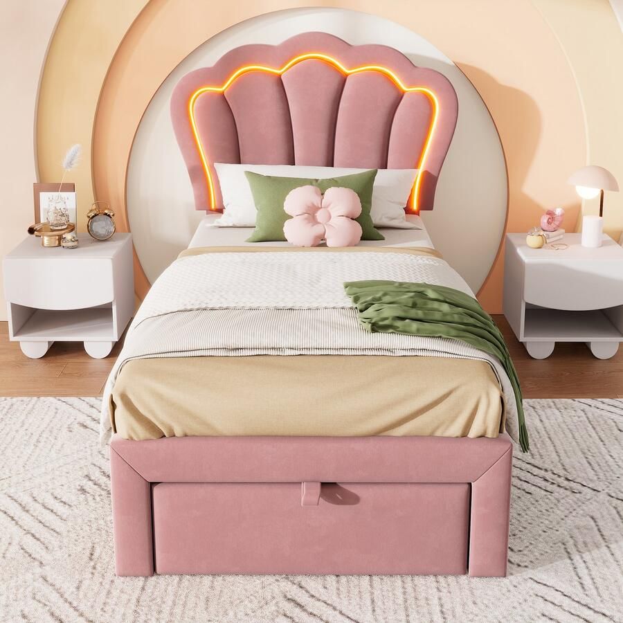 Gutent Eenpersoons Kinderbed Roze (Zonder matras) 90 x 200 cm met laden LED-verlichting Lattenbodem verstelbaar hoofdeinde Junior bed velours