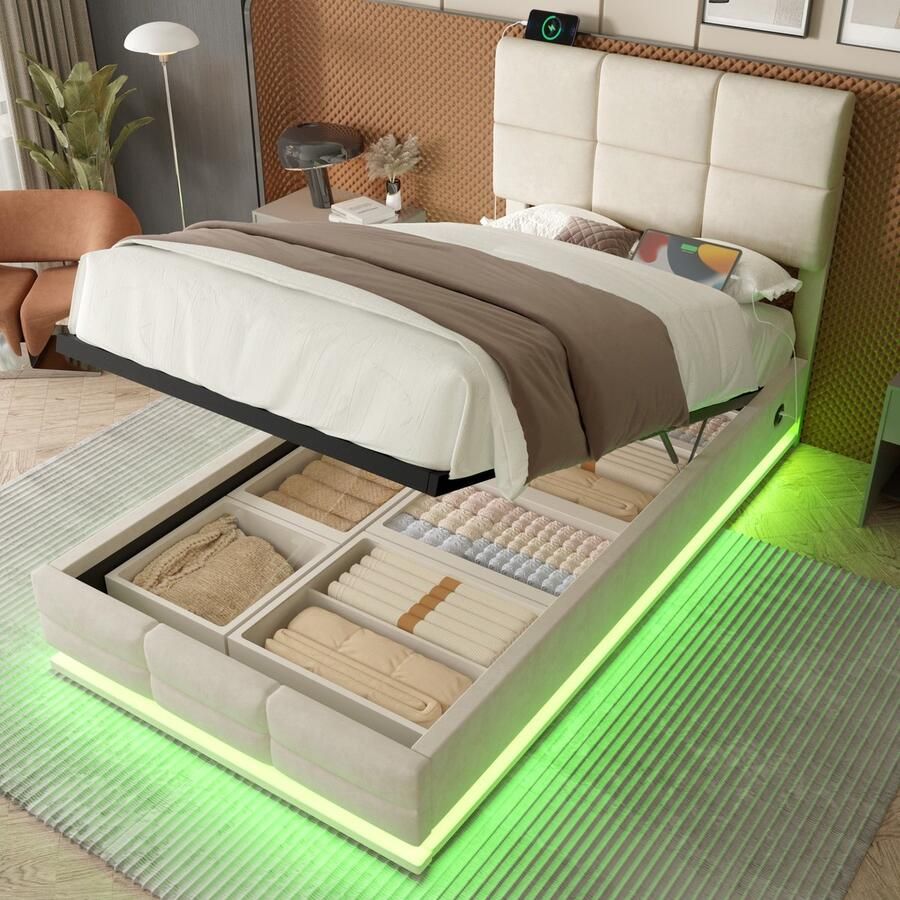Sweiko Eenpersoonsbed 90x200 cm Velvet Verstelbaar hoofdeinde USB Type-C LED-verlichting Beige