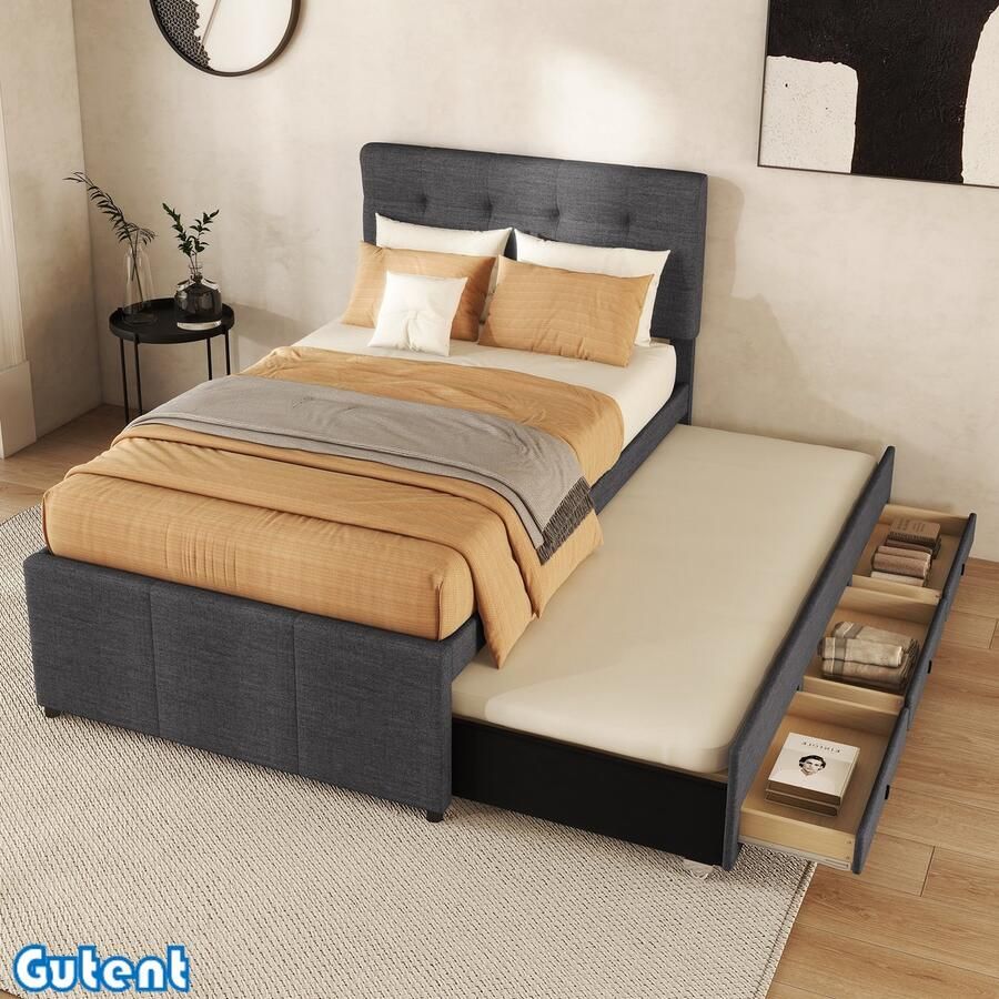 Gutent Eenpersoonsbed-90x200cm(90x190cm)-Drie laden-met Onderschuifbed-Geen matras-Grijs