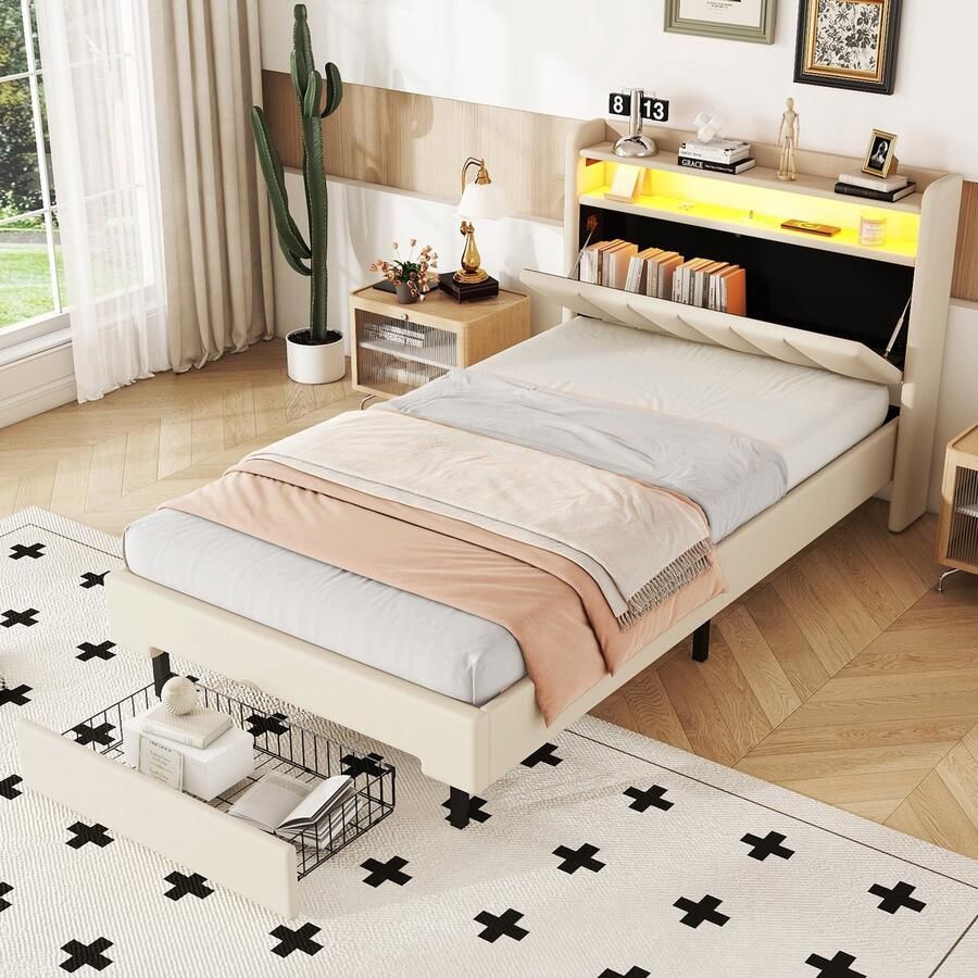 Gutent Eenpersoonsbed Beige (Zonder matras) 90x200 cm plat bed Gestoffeerd bed LED-warmtelamp USB-aansluiting scharnierend hoofdeinde ingebouwde opbergvakken bedlades