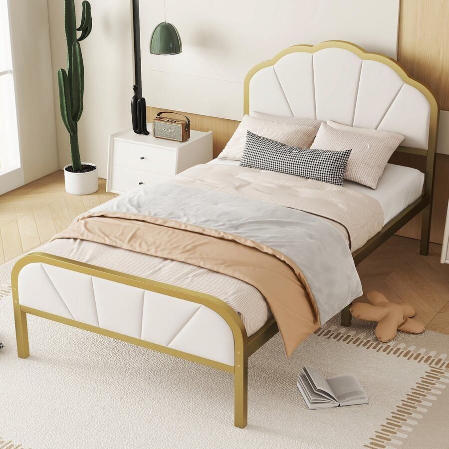 Sweiko 90*200cm Eenpersoonsbed Ijzeren frame bed Plat bed Wolkachtig hoofdeinde Gouden frame Minimalistisch design Goud + Wit