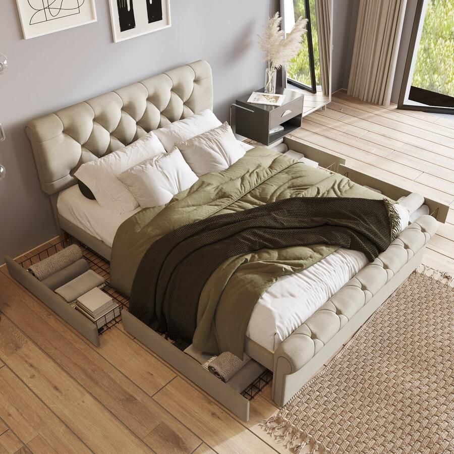 Gutent Eenpersoonsbed met bekleding Natuurlijke kleur (Zonder matras) Bedframe met 4 laden 140x200 cm in hoogte verstelbaar hoofdbord