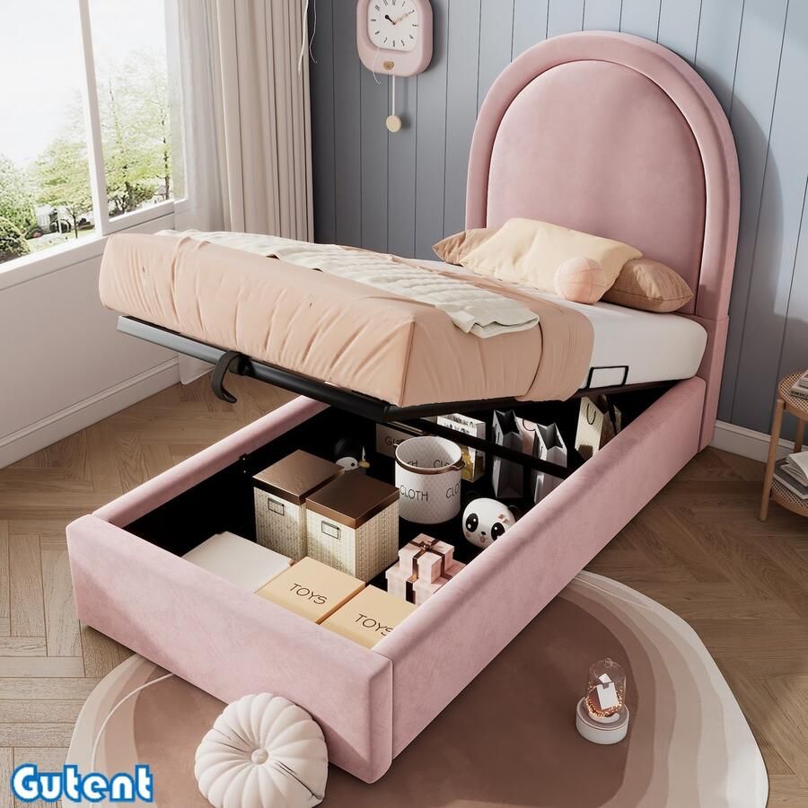 Gutent Eenpersoonsbed voor kinderen-90 x 190 cm-Roze-Boys en Girls-PU-No Matras