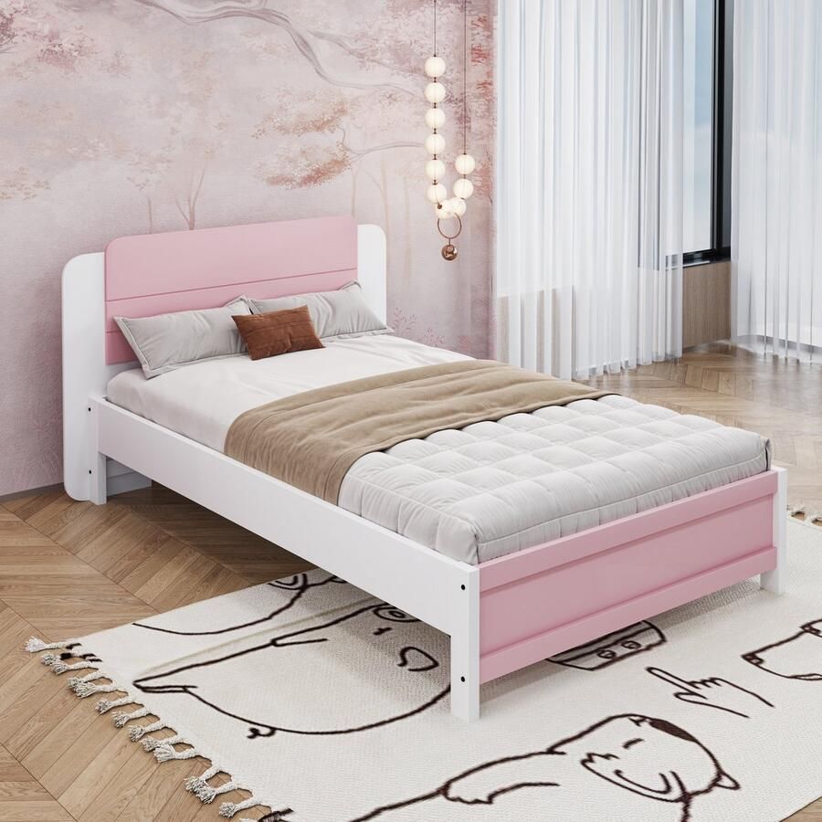 Gutent Eenpersoonsbed Voor Kinderen Roze (Zonder matras) Houten bed 90*200 cm Unieke en Minimalistische vorm Hoofdbord met lijndesign