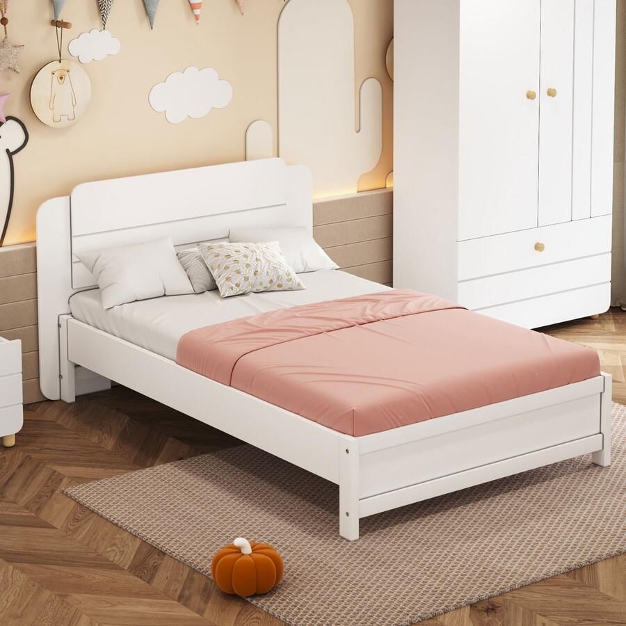 Gutent Eenpersoonsbed Voor Kinderen Wit (Zonder matras) Houten bed 90*200 cm Unieke en Minimalistische vorm Hoofdbord met lijndesign