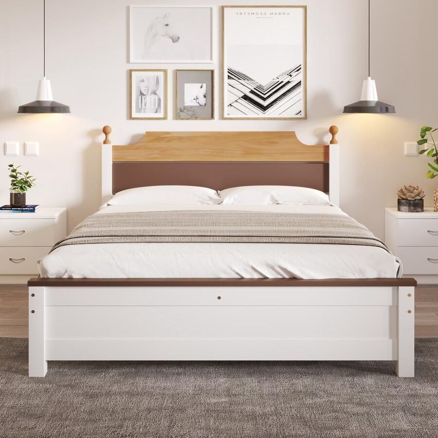 Gutent Eenpersoonsbed (Zonder matras) Houten bed grenen bedframe Jeugdbed MDF Geblokte kleuren Wit 140x200 cm