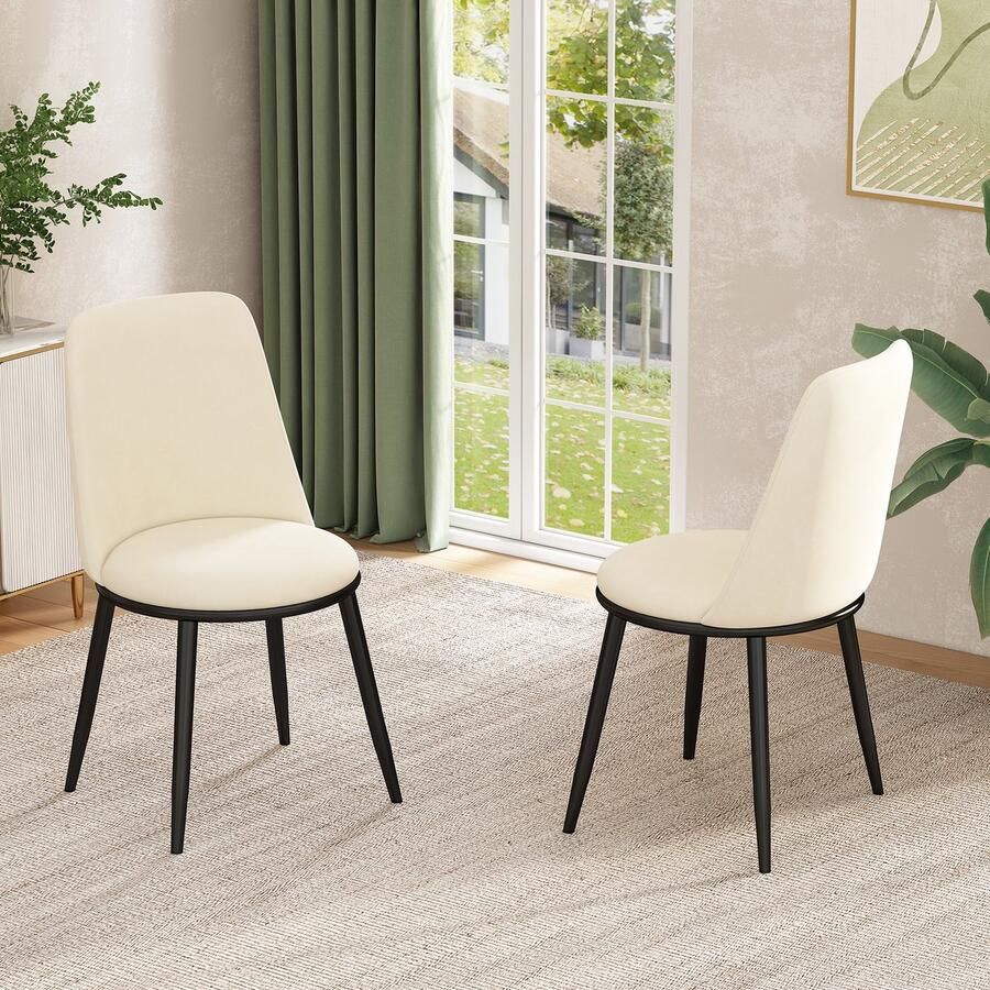 Sweiko Eetkamerstoelen (2) Ronde stoelen Fluwelen Zitting metalen frame keukenstoelen woonkamer kussens stoelen met rugleuningen draagvermogen 150kg zwart metalen poten Beige (geen tafel)