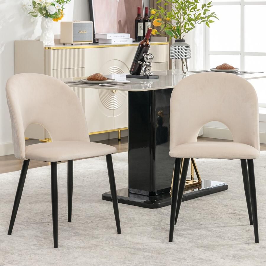 Gutent Eetkamerstoel Beige (2 stuks) Gestoffeerd ontwerp met rugleuning fluwelen zitting metalen frame verstelbare poten ruitpatroon op rugleuning