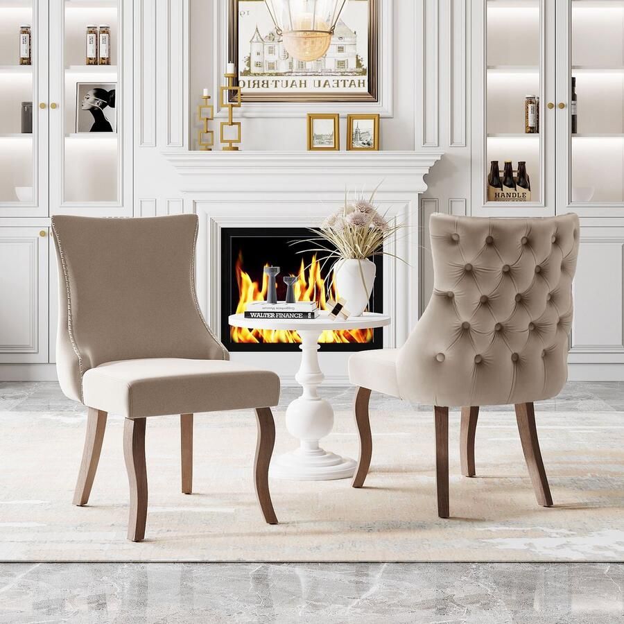 Gutent Eetkamerstoel Beige(set van 2) Stoel met vier poten Beige Fluwelen eetkamerstoel met knoopstiksels massief houten frame