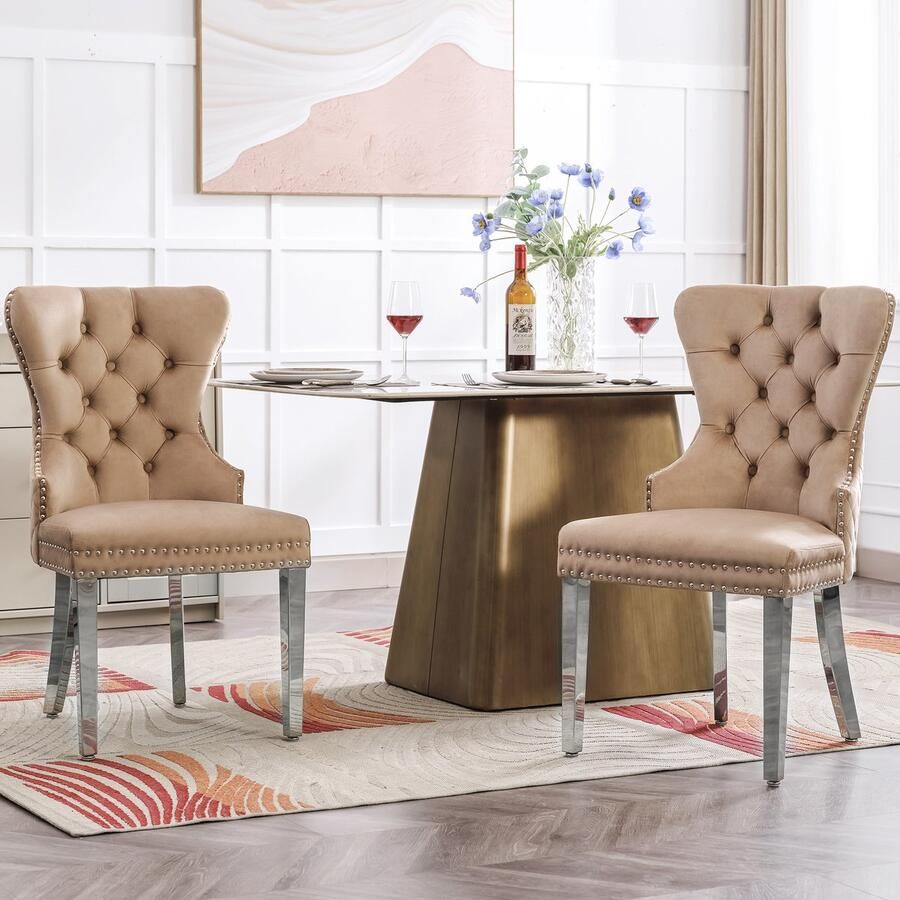 Gutent Eetkamerstoel Bruin (2 stuks) 4-poots Stoel Casual Fauteuil Enkele fauteuil met knoopstiksels massief houten frame met knoopstiksels