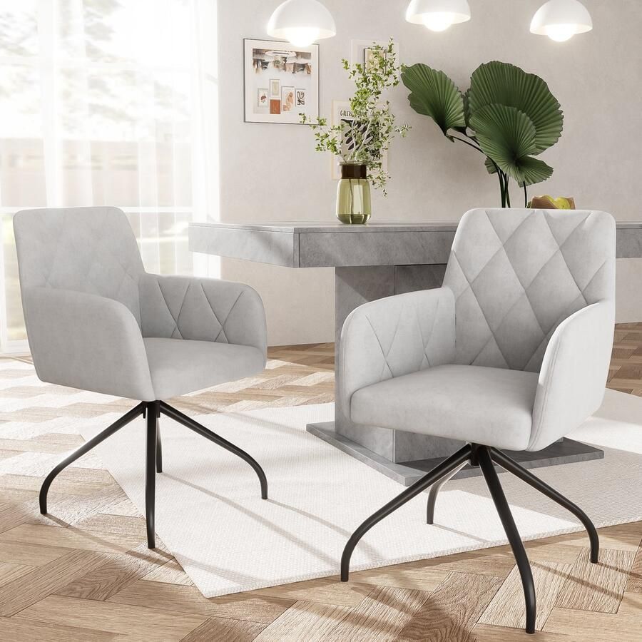 Sweiko 2 sets Van 360° Roterende Diamant Patroon Eetkamerstoelen Kussens fauteuils met 4-metalen poten moderne vrijetijdsstoelen slaapkamer en woonkamer stoelen studio lendensteun Fluweel Grijs(Geen tabel)
