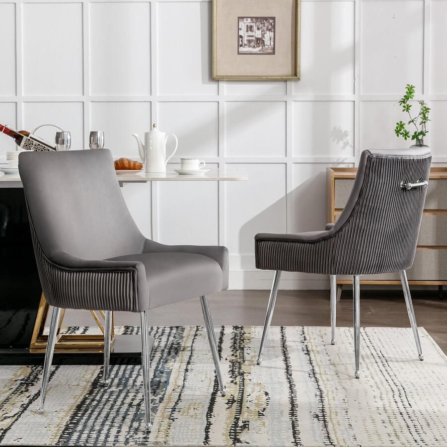 Gutent Eetkamerstoel Grijs set van 2 Verticaal Gestreepte Eetkamerstoelen Gestoffeerde Fauteuil Stoel met metalen poten en metalen handgrepen moderne vrijetijdsstoel slaapkamer woonkamerstoel