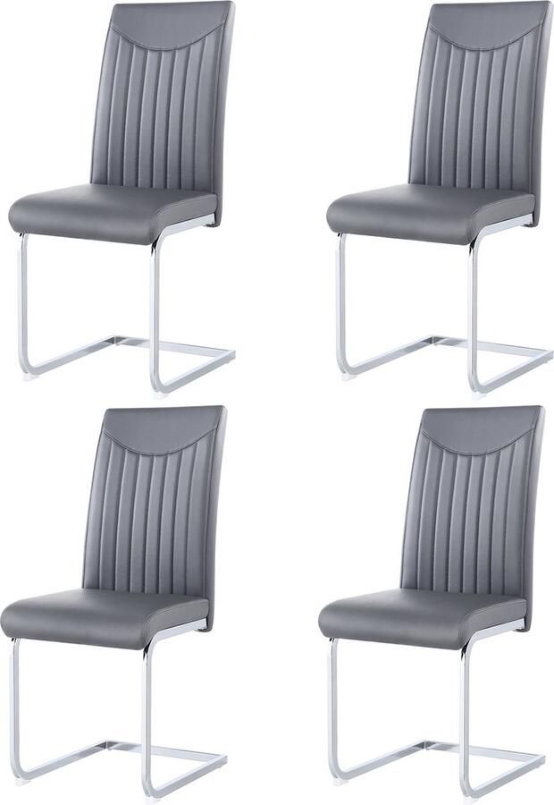 Gutent Eetkamerstoel Grijs Sledestoel (set van 4) Verchroomd Metalen Frame Belastbaar tot 150 kg gestreepte decoratieve rugleuning PU leerachtige stof ergonomie