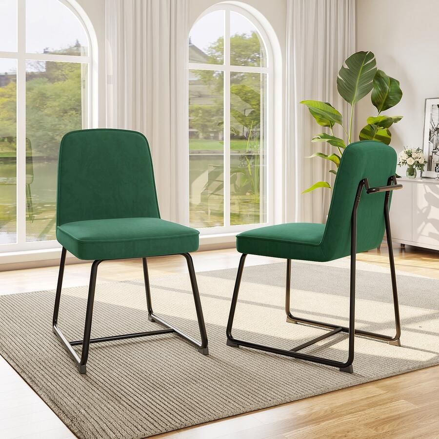 Sweiko Fluwelen Eetkamerstoel 2-delige set met zwart metalen frame zacht kussen en rugleuning Geschikt voor woonkamer eetkamer modieus en eenvoudig Groen