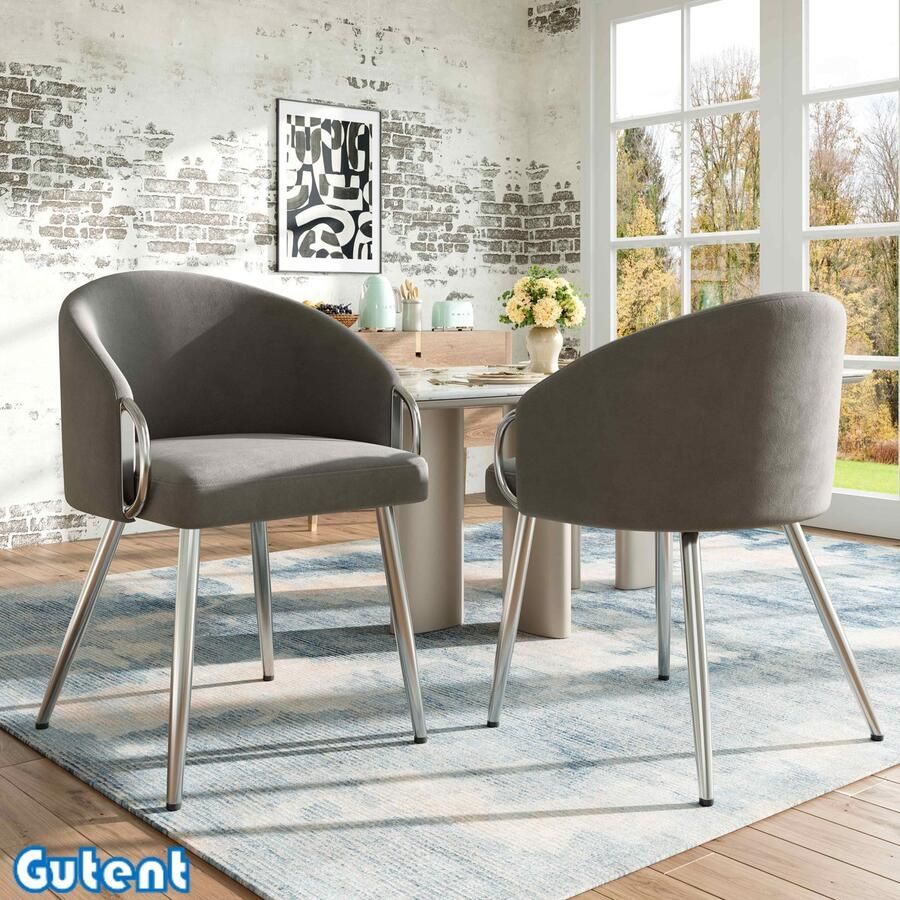 Gutent Eetkamerstoel Hoogwaardige fluwelen stof (2 stuks)-Verzinkte en vergulde ijzeren poten -Met verstelbare poten -Grijs(Zonder tafel)