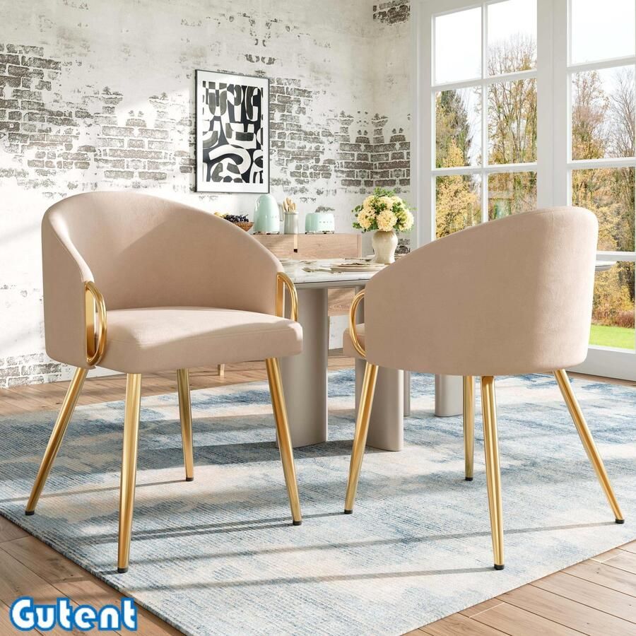 Gutent Eetkamerstoel Hoogwaardige fluwelen stof (2 stuks)-Verzinkte en vergulde ijzeren poten -Met verstelbare poten -Beige(Zonder tafel)