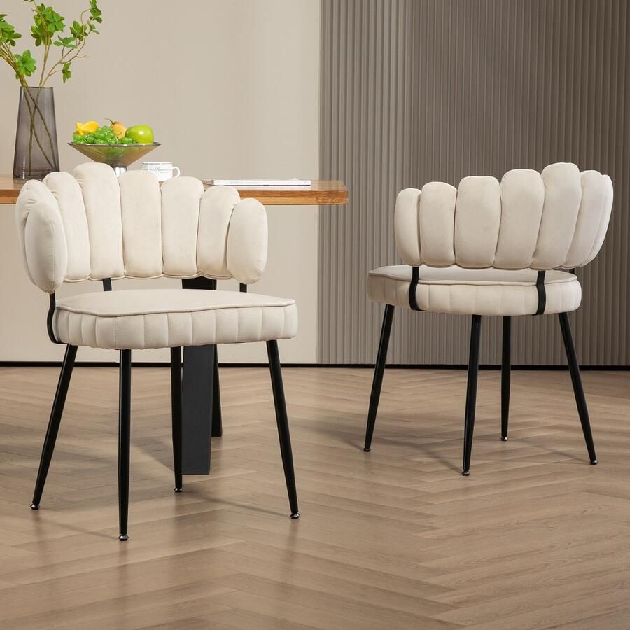 Gutent Eetkamerstoel ivoorwit Zacht fluweel Set van 2 Vingerrug met Armen Holle Kapstoel Beklede Comfort Woonkamerstoel Poederruimte Slaapkamer