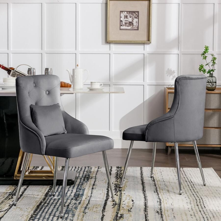 Gutent Eetkamerstoel met Knopenmotief (set van 2) Grijs Gestoffeerde fauteuil met lendenkussen Stoel met metalen poten Moderne loungestoel Slaapkamer woonkamerstoel