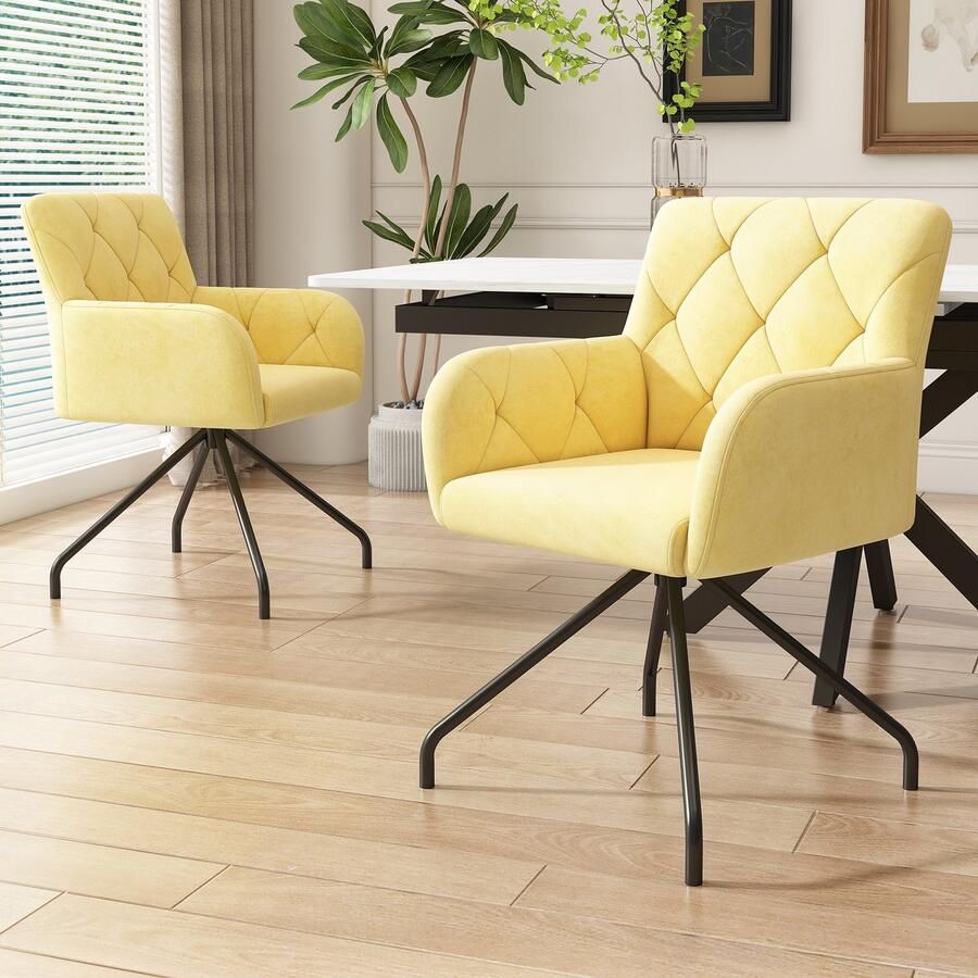 Gutent Eetkamerstoel Ruitpatroon (set van 2) met 4 metalen poten Schuim en fluweel Lichtgeel