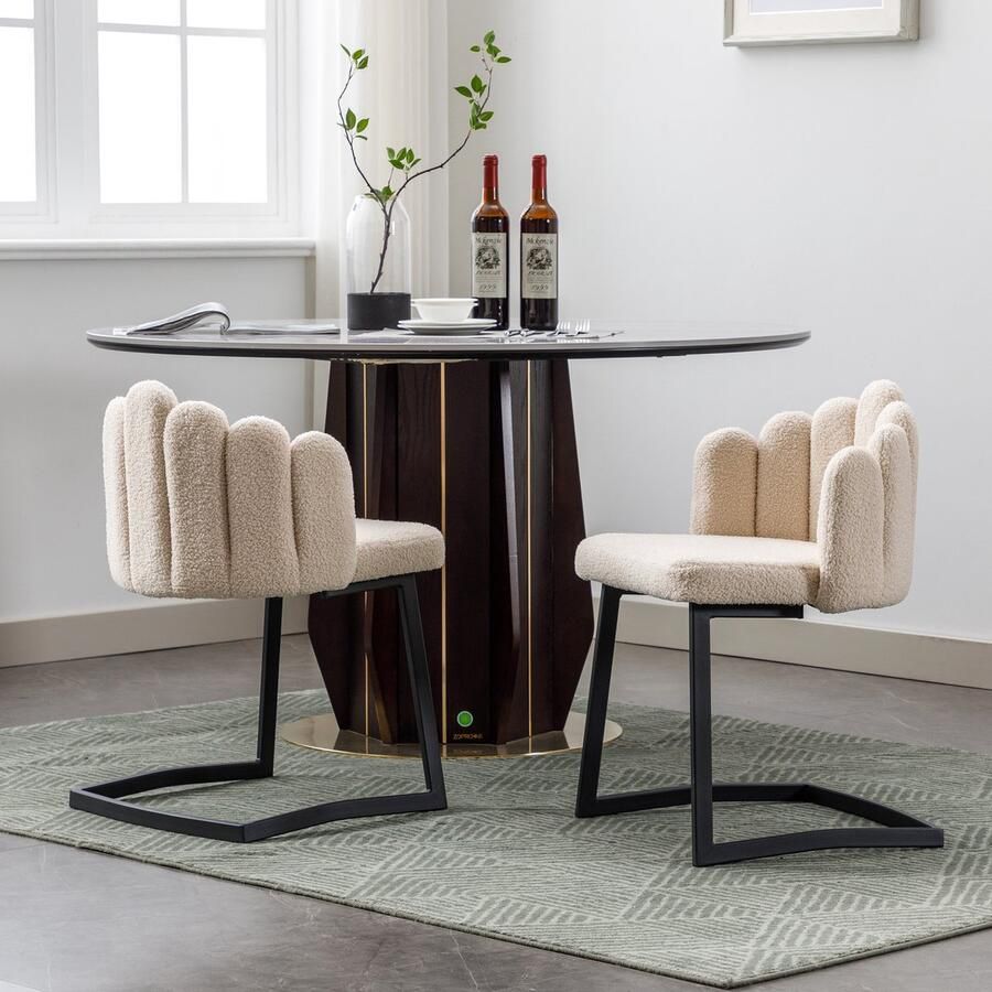 Gutent Eetkamerstoel van imitatielamsleer Set van 2 Beige Stoelen voor slaapkamer en woonkamer Moderne loungestoel Petal Stoel met I-Frame
