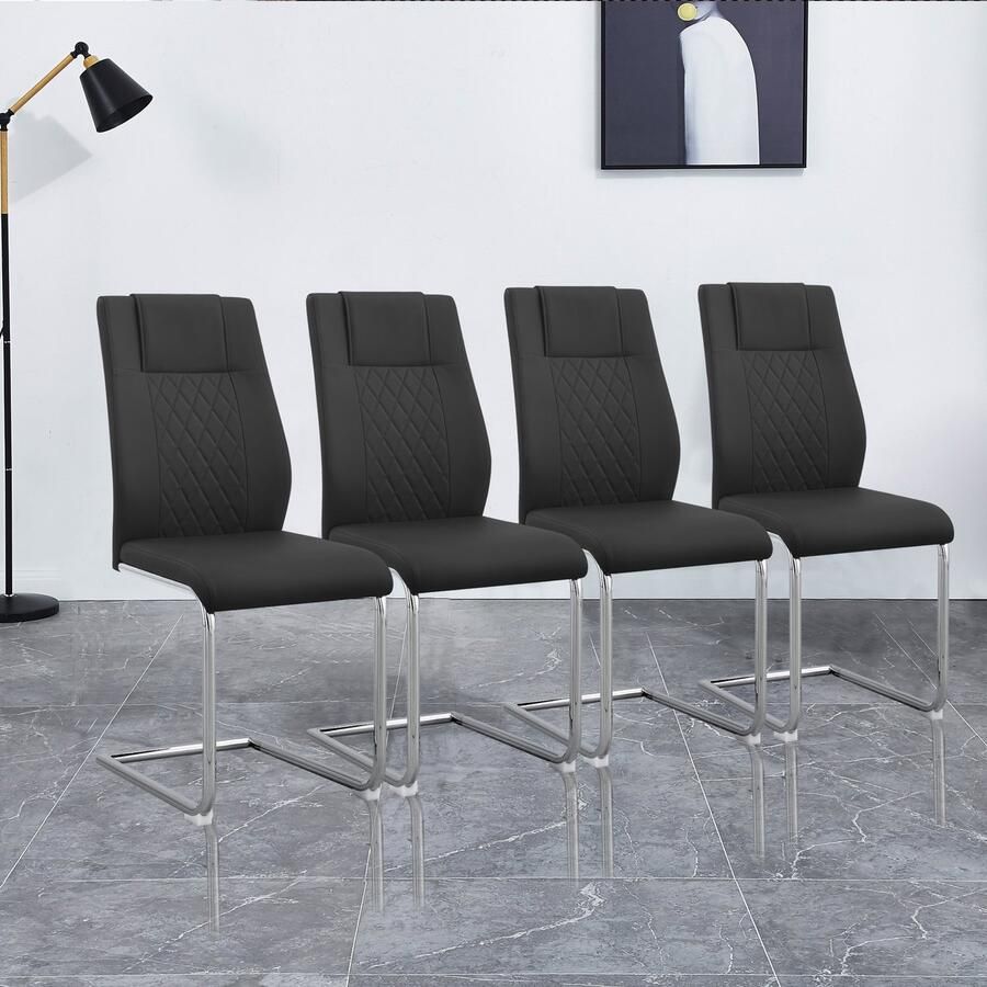 Gutent Eetkamerstoel Zwart Slede (set van 4) met Ruitpatroon op de rugleuning verchroomd metalen frame belastbaar tot 150 kg bekleed met kunstlederen bekleding