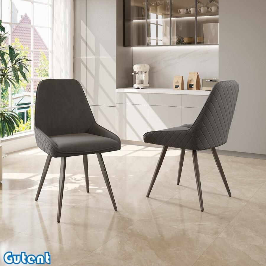 Gutent Eetkamerstoel(2st)-Met rugleuning-Ergonomische stoel-Metalen poten-Donkergrijs