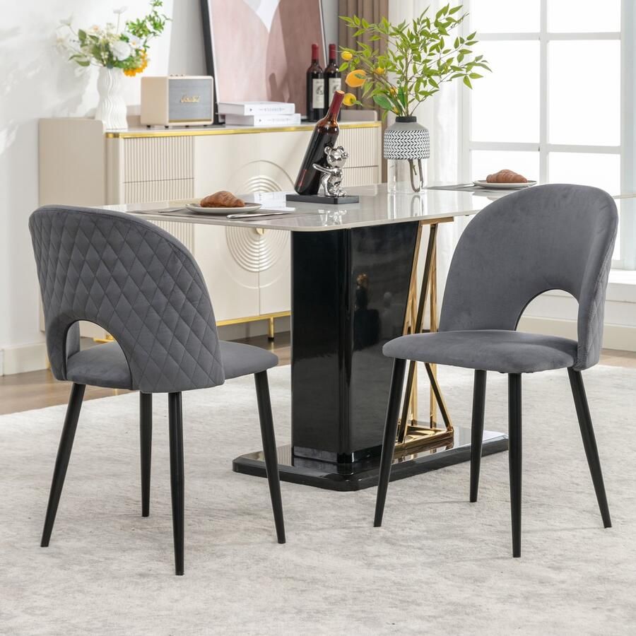 Sweiko Eetkamerstoel (2 pcs) gestoffeerde stoel ontwerp stoel met rugleuning fluwelen stoel metalen frame verstelbare voeten diamantpatroon terug grijs