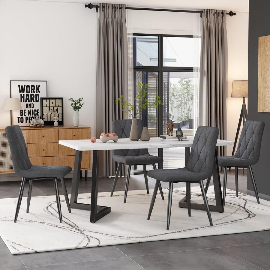 Gutent Eetkamerstoelen (4 stuks) (geen tafel) Donkergrijs set van 4 gestoffeerde designstoelen twill linnen eetkamerstoelen keukenstoelen met rugleuning linnen stoelen met metalen frame en metalen poten