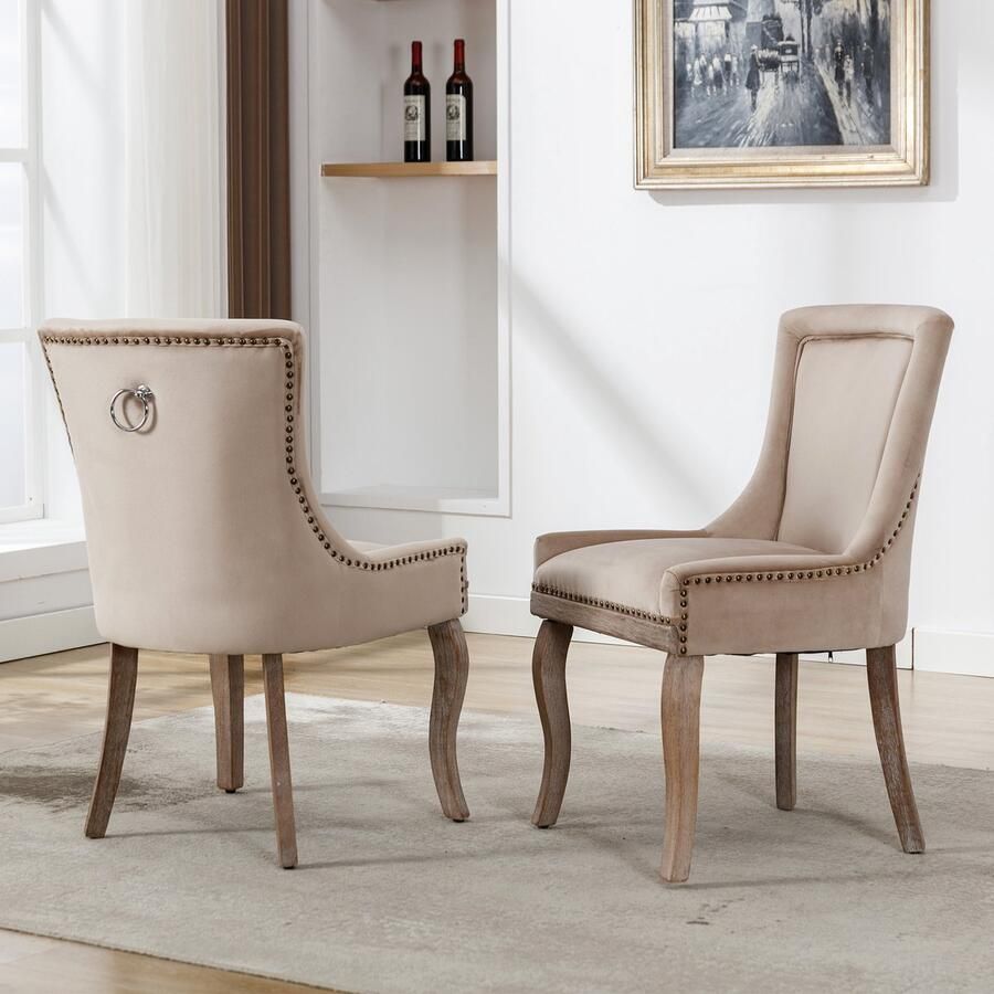 Gutent Eetkamerstoelen Beige Luxe Eetkamerstoelen (2 stuks) Gestoffeerde stoelen met spijkerrand massief houten poten fluwelen bekleding keukenstoelen woonkamerstoelen